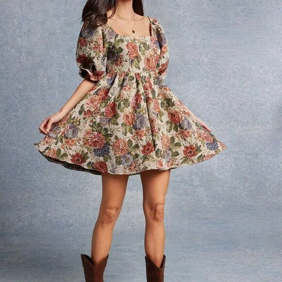 Multicolor Boho Women's Floral Jacquard Mini Dress - Picture 5 of 5